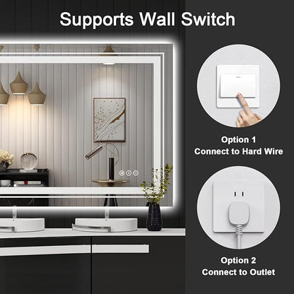 Snowdool LED Bathroom Mirror, 55"x30" with Front and Backlit, Anti-Fog, Large Bathroom Vanity Mirror for Wall, Memory Function, Stepless Dimmable, Tempered Glass (Horizontal/Vertical)