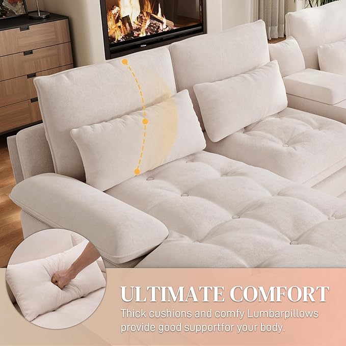 134"U Shaped Sectional Couch for Living Room, Modern Chenille 6 Seat Living Room Sofa Set with Storage Console, Oversized Modular Sectional Fluffy Couch with Tufted Buttons & Chaise Lounge,Beige