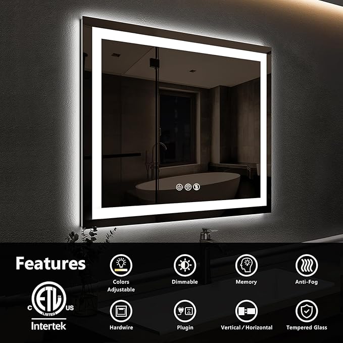 ROOMTEC 30 x 30 Inches LED Bathroom Mirror with Lights, Vanity Mirror with Front and Backlight, Smart Dimmable Anti-Fog LED Mirror for Bathroom, Memory Function, Tempered Glass (Horizontal/Vertical)