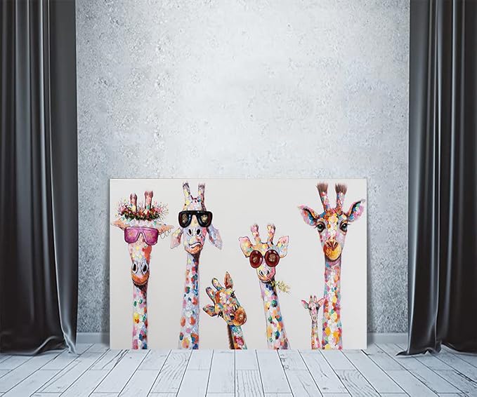 Bansky Graffiti Art Giraffes Family Wear Glasses Canvas Prints and Painting Giclee Art Wall Artwork for Living Room Office Wall Decoration Framed and Streched Ready to Hang - 24x36 inch