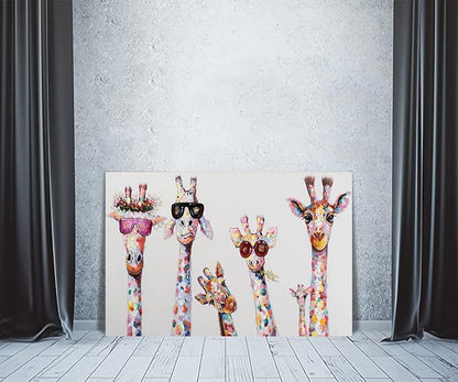 Bansky Graffiti Art Giraffes Family Wear Glasses Canvas Prints and Painting Giclee Art Wall Artwork for Living Room Office Wall Decoration Framed and Streched Ready to Hang - 24x36 inch