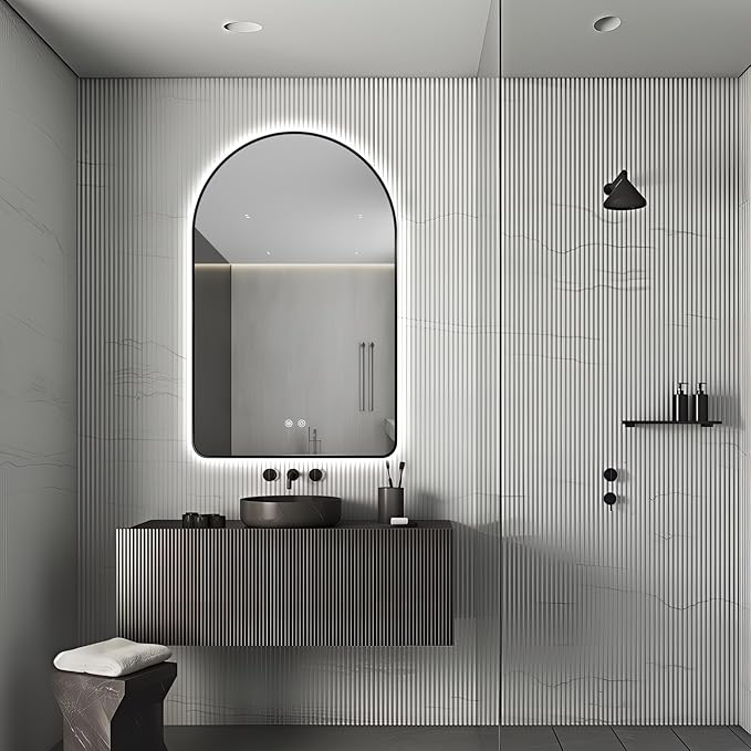 Niccy Arched LED Lighted Bathroom Mirror, 48x30 Inch Backlit Vanity Bathroom Mirror with Lights Brushed Black Framed Wall Mounted Mirrors with 3 Color Shatterproof Arch Smart Fog Free Mirror