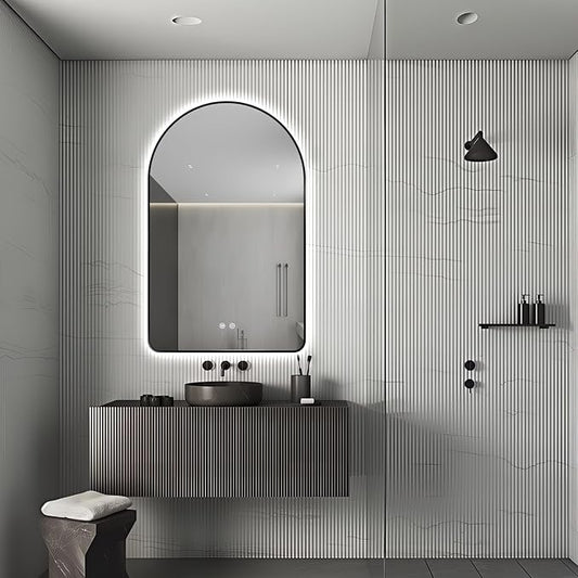 Niccy Arched LED Lighted Bathroom Mirror, 48x30 Inch Backlit Vanity Bathroom Mirror with Lights Brushed Black Framed Wall Mounted Mirrors with 3 Color Shatterproof Arch Smart Fog Free Mirror