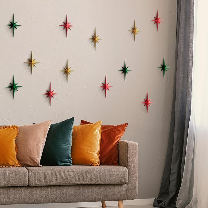 MidModArt 16PCS Mid Century Modern 3D Star Wall Art Gold Retro Starburst Sculptures Vintage Celestial Home Decor, Colored Starburst-Combo