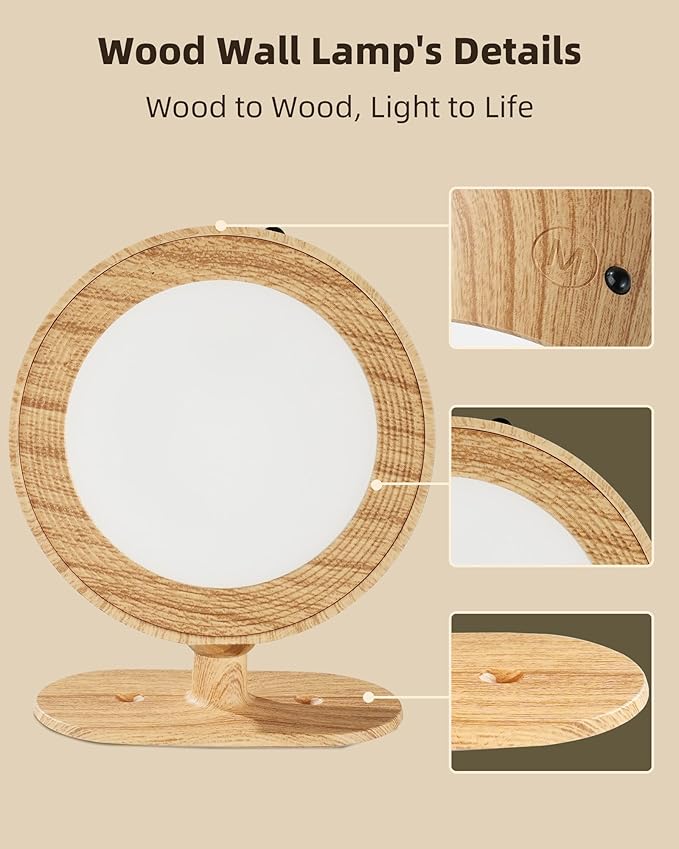 LED Wall Mounted Lights, Rechargeable Wall Sconces Lamp, 3 Color Temps & Remote and Touch, 360°Rotation Dimmable Cordless Wall Light for Study Bedroom Reading Bedside(Wood, 2 Pack)