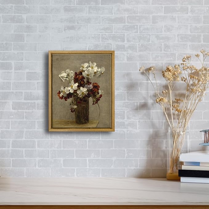 Pyradecor Vintage Wall Art Narcisses Flowers in Vase Artwork Retro Framed Wall Art Classical Floral Paintings Pictures for Living Room Bedroom Kitchen Decorations