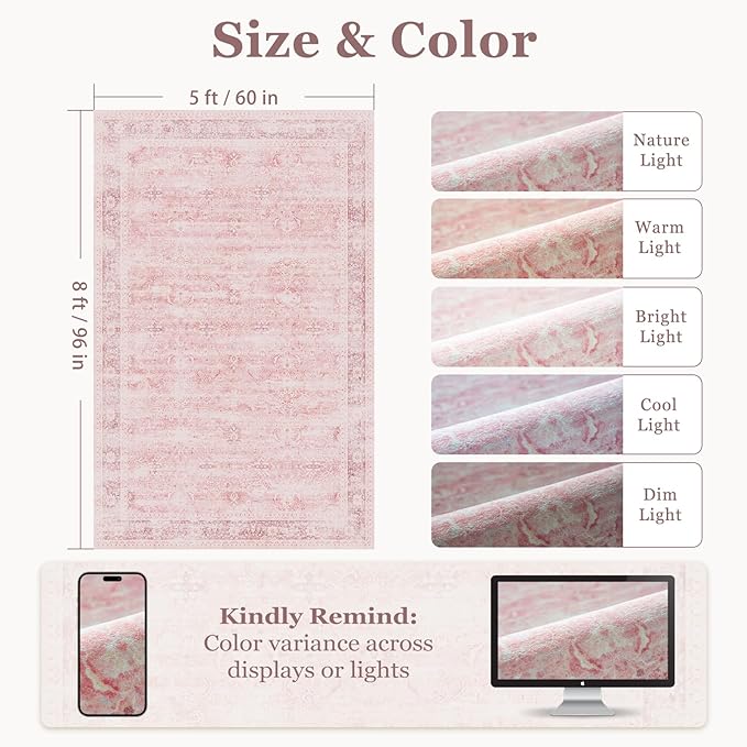 Pink Rug 5x8 for Bedroom Girls, Washable Non Slip Nursery Kids Room Rug Dorm, Aesthetic Distressed Area Rugs for Living Room, Low Pile Thin Carpet Rug for Playroom Dining Room Home Office