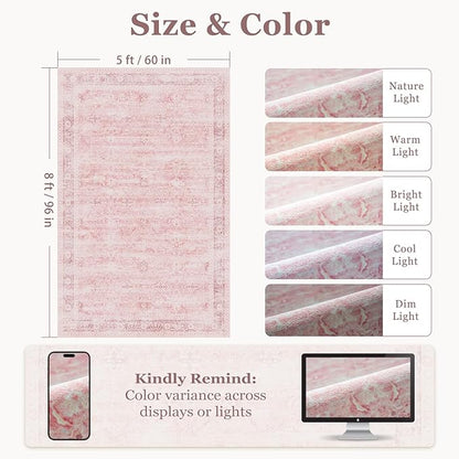 Pink Rug 5x8 for Bedroom Girls, Washable Non Slip Nursery Kids Room Rug Dorm, Aesthetic Distressed Area Rugs for Living Room, Low Pile Thin Carpet Rug for Playroom Dining Room Home Office