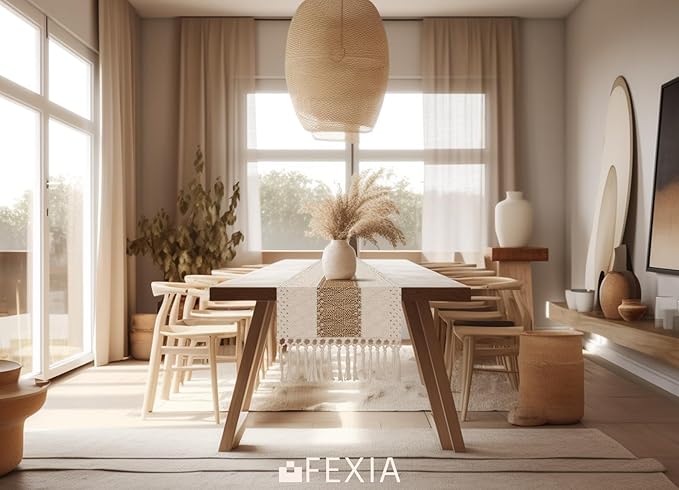 FEXIA Boho Table Runner for Summer Home Coffee Decor with Tassels 36 Inches Long Farmhouse Rustic Table Cloth Cream & Brown Macrame for Kitchen Dining Bedroom Decor Bridal Shower (12x36Inches)