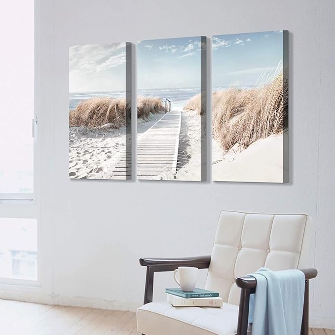 Hardy Gallery Beach Path Picture Coastal Artwork: Seaside Boardwalk Painting Art Print on Canvas for Living Room (34'' x 20'' x 3 Panels)