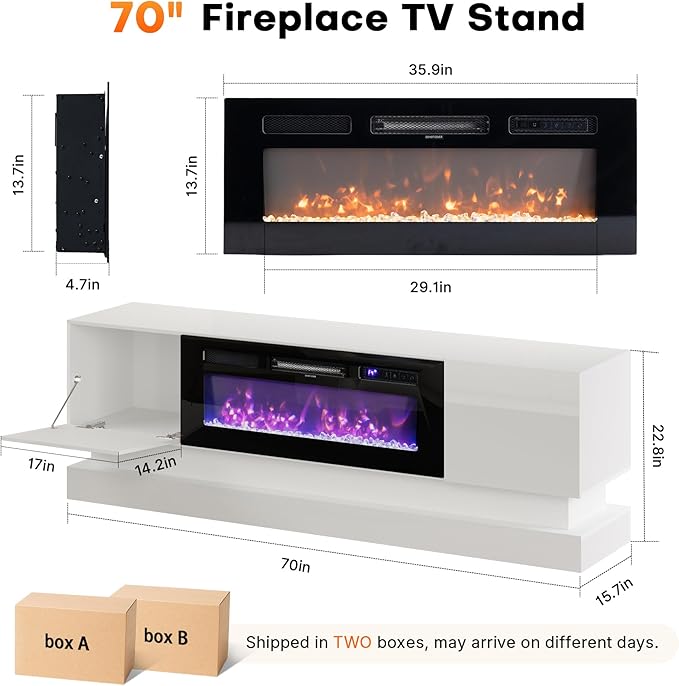 WelFurGeer 36" Electric Fireplace TV Stands with LED Lights, High-Gloss Modern Media Console Table for TV up to 75", White Fireplace TV Stand with Storage, Entertainment Center for Living Room
