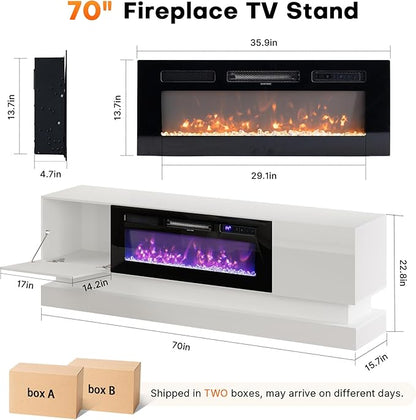 WelFurGeer 36" Electric Fireplace TV Stands with LED Lights, High-Gloss Modern Media Console Table for TV up to 75", White Fireplace TV Stand with Storage, Entertainment Center for Living Room