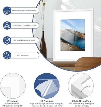 PEALSN 12x16 Picture Frame Set of 6, Display Pictures 8.5x11 with Mat or 12x16 without Mat for Wall Mounting Display, Photo Frames Collage for Wall Decor, White.