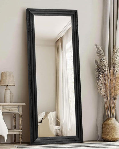 Full Length Mirror 65"x24" Solid Wood Frame Floor Large Mirror for Living Room, Bedroom Hanging or Leaning Wall-Mounted, Black