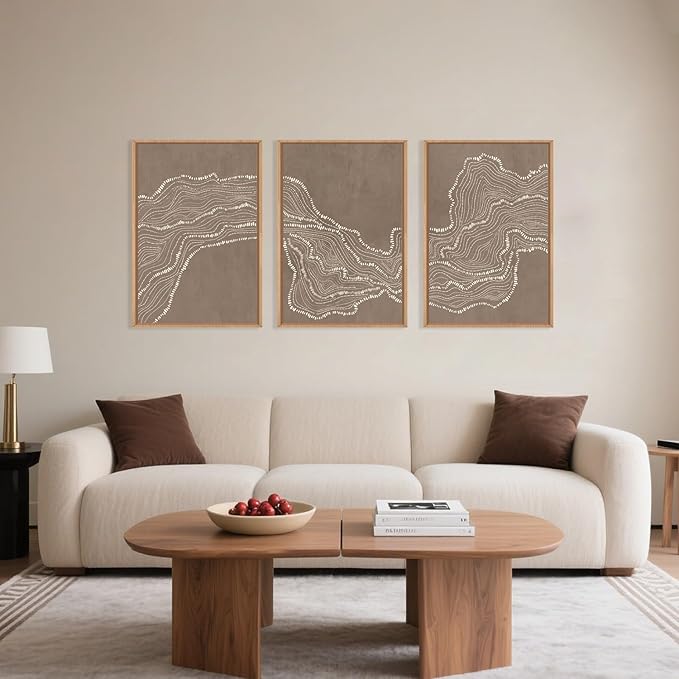 Abstract Line Wave Framed Canvas Wall Art Set, Geometric White Tan Art Painting, Modern Minimalism Wall Decor, Neutral Art Print for Living Room, Bedroom, Dining Room, Office-16 x24 x3