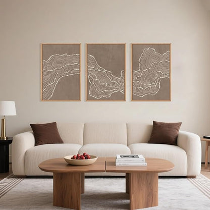 Abstract Line Wave Framed Canvas Wall Art Set, Geometric White Tan Art Painting, Modern Minimalism Wall Decor, Neutral Art Print for Living Room, Bedroom, Dining Room, Office-16 x24 x3