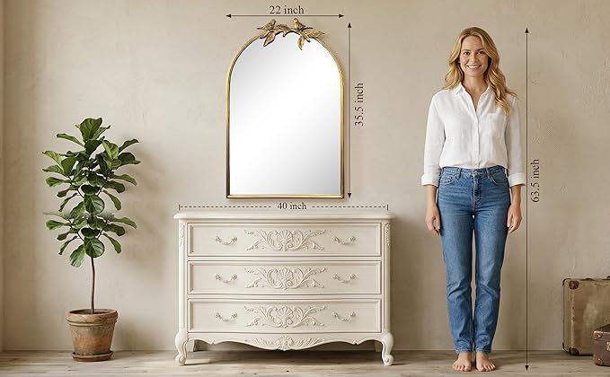 Gold Baroque Vintage Mirror for Vanity 24x35Inch Gold Antique with Ornate Frame, Arched Vintage Wall for Bathroom, Living Room, Fireplace, Entryway