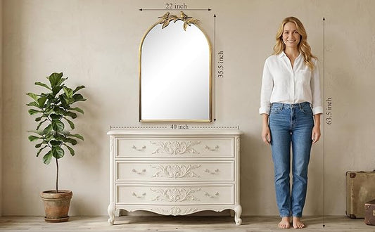 Gold Baroque Vintage Mirror for Vanity 24x35Inch Gold Antique with Ornate Frame, Arched Vintage Wall for Bathroom, Living Room, Fireplace, Entryway