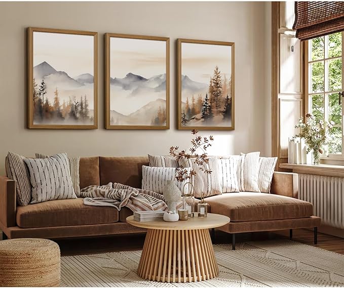 Neutral Mountain Wall Art Decor Set of 3 Forest Canvas Wall Art Poster Landscape Wall Art Artwork Modern Pictures Abstract Painting Watercolor Prints for Living Room Bedroom 12x16 Inch Framed