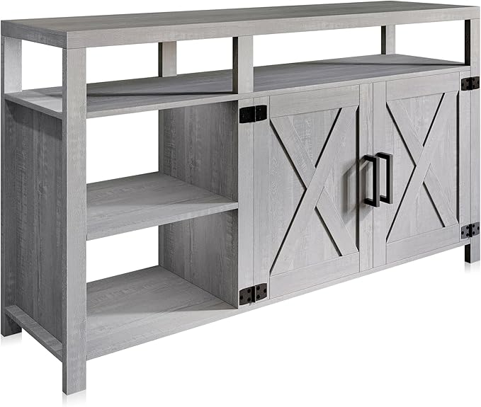 BELLEZE 58" TV Stand for TVs Up to 65", Modern Entertainment Center & TV Cabinet with Storage Shelves and Cabinet, Wood Storage Cabinet Media Console Table for Living Room Bedroom, Stone Grey