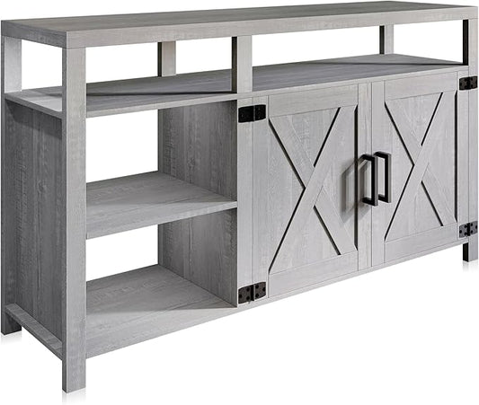 BELLEZE 58" TV Stand for TVs Up to 65", Modern Entertainment Center & TV Cabinet with Storage Shelves and Cabinet, Wood Storage Cabinet Media Console Table for Living Room Bedroom, Stone Grey