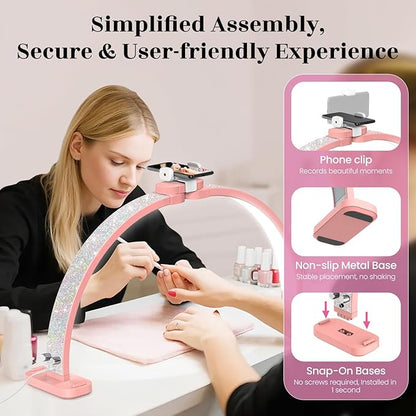 LIONVISON Half Moon Light for Nail Tech: 31 inch Lash LED Lamp with Phone Holder - 48W Foldable Arch Lights for Eyelash Tech - Manicure Handicraft Lighting for Spa,Salon