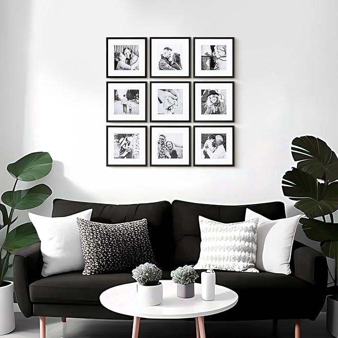 ArtbyHannah Photo Collage Frames for Wall, 10x10 Inch Square Picture Frame for Living Room or Staircase Decoration (Black, 9 Pack)