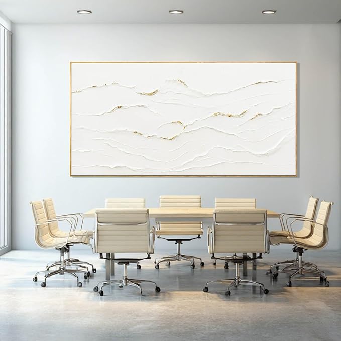 WINKAILIN Large Wavy Line White Abstract Wall Art with Frame Minimalist Modern Hand drawn Painting Textured Poster for Living Room Dining Room Bedroom Decor 29"x58"