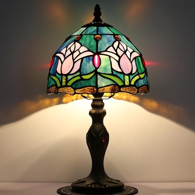 Tiffany Style Lamp Stained Glass Table Lamp 8" x 14.5" Mini Accent Light Pink Tulip Design Small Decorative Bedside Bedroom Living Room Memory Lamp