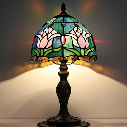 Tiffany Style Lamp Stained Glass Table Lamp 8" x 14.5" Mini Accent Light Pink Tulip Design Small Decorative Bedside Bedroom Living Room Memory Lamp