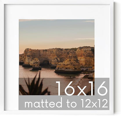 HAUS AND HUES 16x16 White Metal Frame Matted to 12x12 - Premium Aluminum & Hanging Hardware, Shatterproof Plexiglass - Ideal for Home, Room, Office (16x16 in, White, Set of 1)