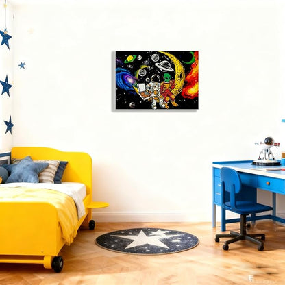 12x16 Space Astronaut Alien Pizza Party Canvas Wall Art Black Cosmic Prints Moon Planet Poster Home Framed Decor Kids Bedroom Fantasy Painting Teen Boy Room Funny Gift Picture Child Study Room Photo