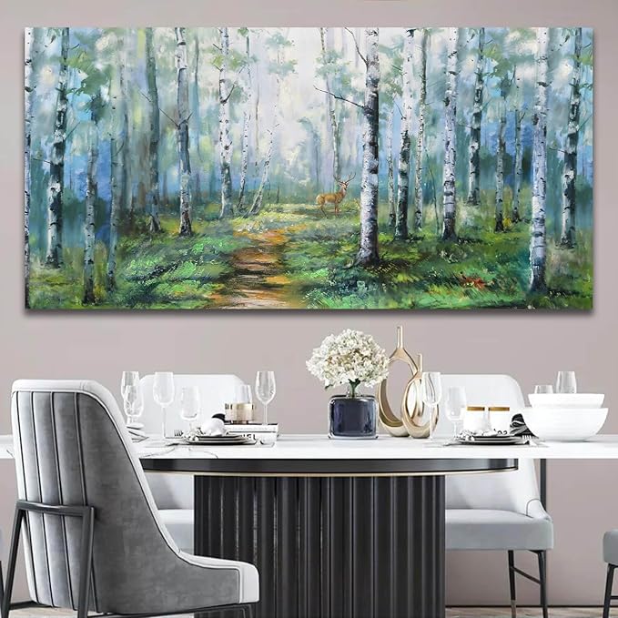 Enartly Birch Tree Wall Art for Living Room, Large Wall Decor Canvas Painting Green Forest Nature Picture Scenery Artwork Textured Framed for Bedroom Hallway Home Office Decoration 58"x29"