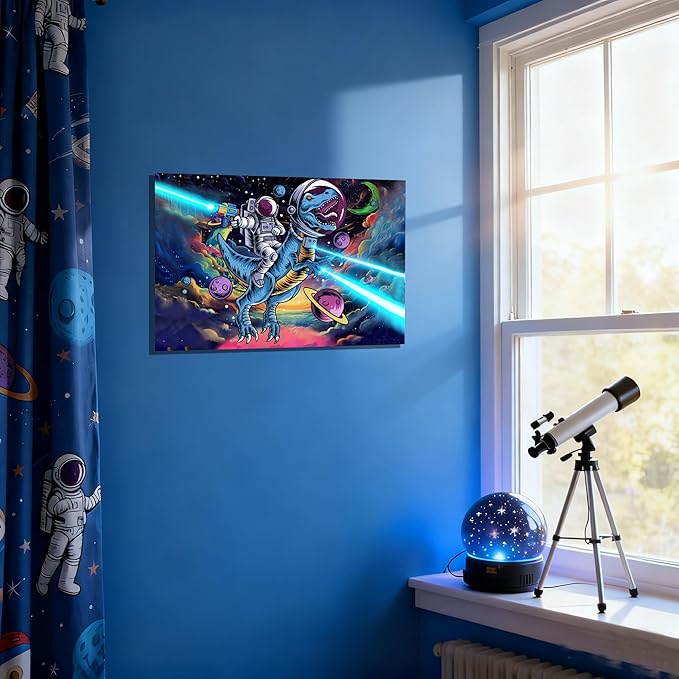 16x24 Space Astronaut Dinosour Star Wars Canvas Wall Art Watercolor Framed Prints Teen Boy T-Rax in Galaxy Cosmic Home Decor Painting Kids Bedroom Picture Child Room Funny Poster Kids Bathroom Photo