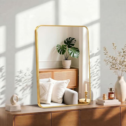 OLIXIS Bathroom Mirror for Over Sink, 28x20 Inch Wall Mount Mirror with Rounded Rectangle and Matte Metal Framed, Modern Wall Vanity Mirror for Home Decor, Living Room, Bedroom, Gold