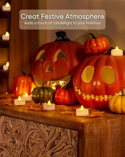 merrynights Flameless Candles, 24Pack Timer Fake Candle, LED Tea Light Candles, Battery Operated Votives with 6 Hours Timer Auto for Halloween Christmas Wedding Decor-1.5'' D X 1.25'' H, Warm Yellow