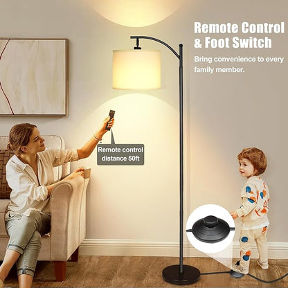 mukuxin LED Floor Lamps for Living Room, 12W 1200LM Modern Arc Floor Lamp with Remote & Adjustable Linen Lampshade, 12 Color Temperature Stepless Dimmable Tall Standing Lamp (White)
