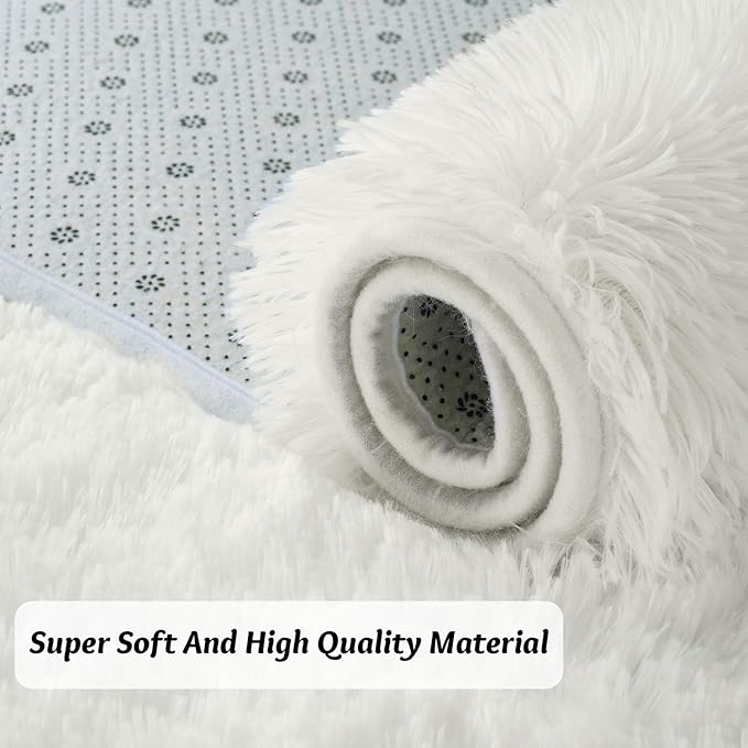 Andecor Soft Fluffy Bedroom Rugs, 4 x 6 Feet Indoor Shaggy Plush Area Rug for Boys Girls Kids Baby College Dorm Living Room Home Decor Floor Carpet, Cream White