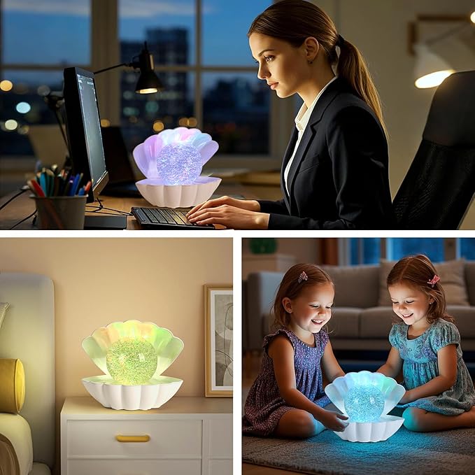 LKUA Shell Pearl Beach Themed Night Light, RGB 8 Colors Changing Mood Shell Pearl Lamps, Bedside LED Clamshell Portable Night Lights for Bar (Large White Shell)