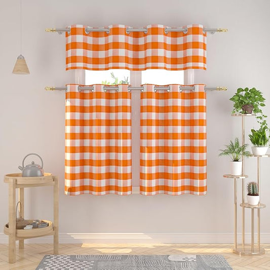 3 Pieces Tier Curtains and Valance Set Buffalo Check Kitchen Tiers Plaid Gingham Grommet Top Classic Short Small Cafe Curtains Country Farmhouse Cafe Bathroom 54"x18"/32"x30" Orange & White