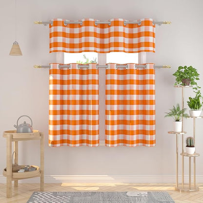 3 Pieces Tier Curtains and Valance Set Buffalo Check Kitchen Tiers Plaid Gingham Grommet Top Classic Short Small Cafe Curtains Country Farmhouse Cafe Bathroom 54"x18"/32"x24" Orange & White