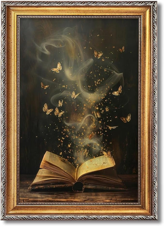Balsuka Moody Victorian Bookish Wall Art Dark Academia Decor Vintage Reading Nook Butterfly Aesthetic Painting Canvas Print Poster for Library Bookstore Wall Decoration 24x36inch Vintage Framed