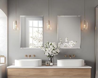 Frameless Rectangular Wall Mirror: Decorative Rectangle Mirrored Glass Vanity with Beveled Silver Edge for Bathroom Bedroom Livingroom Dining Room Entryway Hallway, 40 x 28 inch