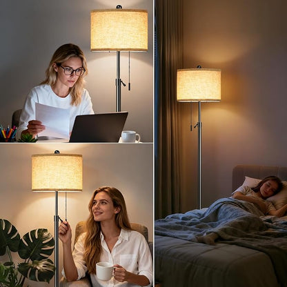 Floor Lamp for Living Room - Adjustable Height Standing Lamp with Marble Base & Linen Shade - Tall Pole Floor Light with 3 Color Temperatures Bulb for Bedroom, Reading - Easy Assembly