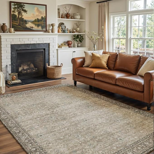 5x7 Area Rugs Grey and Brown Washable Rug for Living Room, Dining Room, Bedroom, Large Carpets, Non Slip & Non-Shedding Low Pile Vintage Print Rug for Home Office Decor