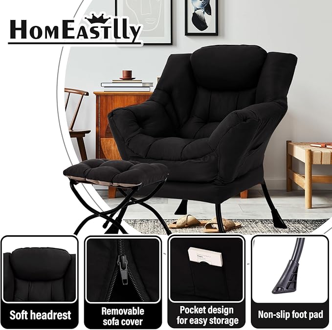 Lazy Chair with Ottoman, Large Black Accent Chair with Ottoman, Comfy Reading Armchair, Leisure Sofa Chair for Living Room, Bedroom, Dorm Room, Office