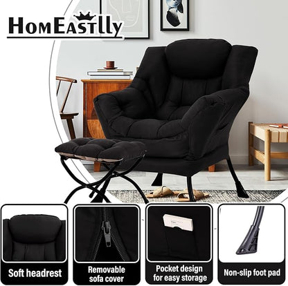 Lazy Chair with Ottoman, Large Black Accent Chair with Ottoman, Comfy Reading Armchair, Leisure Sofa Chair for Living Room, Bedroom, Dorm Room, Office