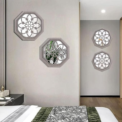 ZOLAPI 2 PCS Octagon Wall-Mounted Mirrors,Vintage Farmhouse Mirror for Wall Decor,Barn Wood Color Decorative Accent Mirror for Foyer, Bathroom, Bedroom. (12”x12”)