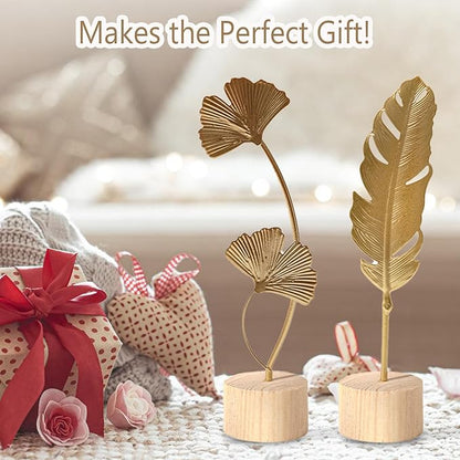 Two-Piece Luxury Nordic Metal Leaf Sculptures – Elegant Gold Ginkgo & Palm Leaf Art Décor, Modern Minimalist Metal Craft for Living Room, Entryway, Wine Cabinet, Home & Office Decoration