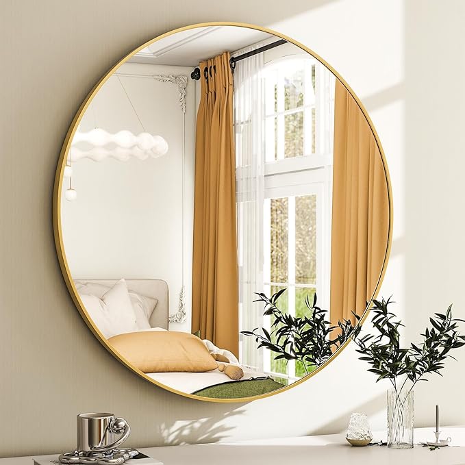 EASLY 32'' Round Mirror, Gold Bathroom Wall Mirror with Metal Frame for Entryway, Living Room, Vanity, Bedroom